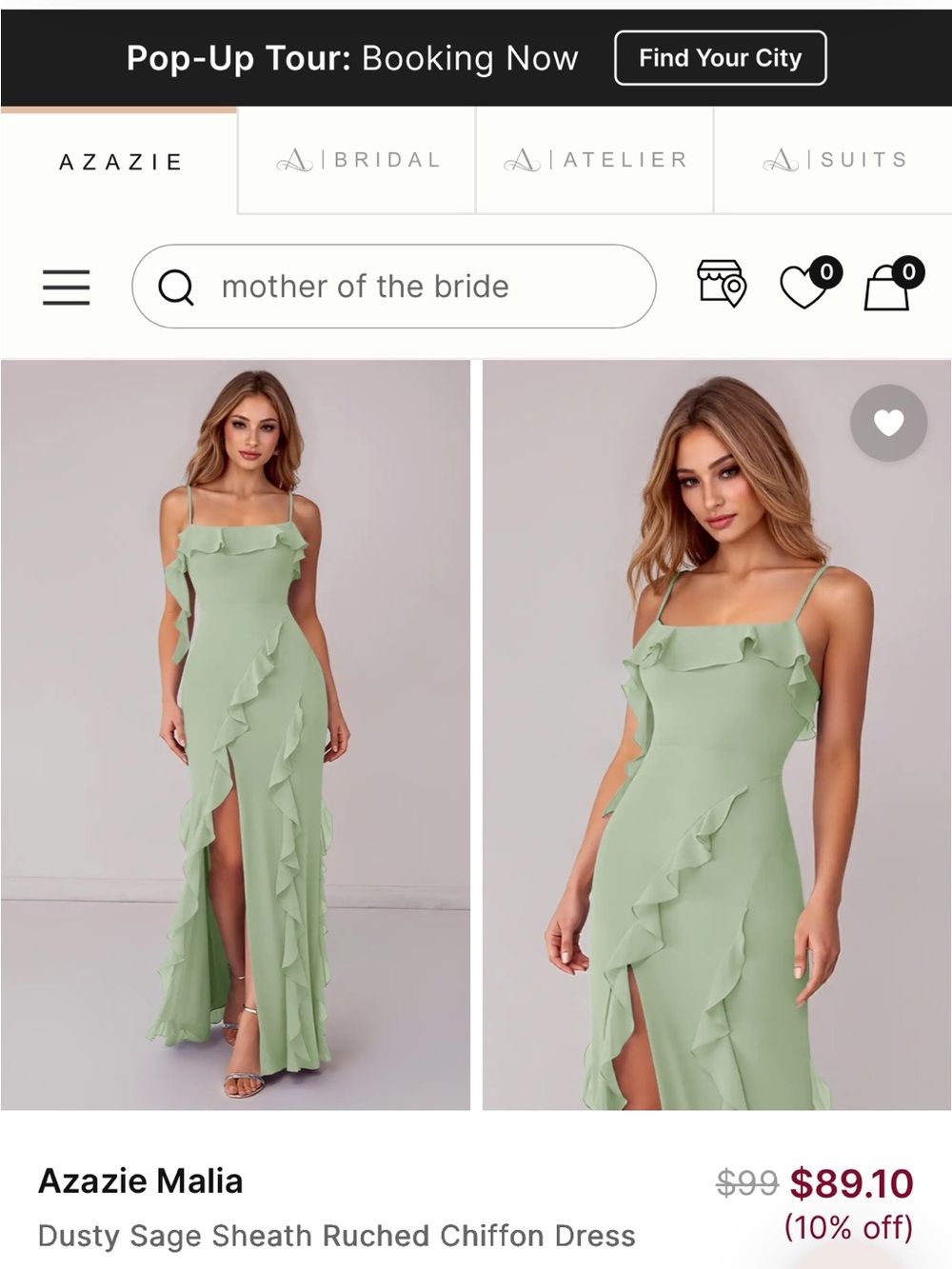Azazie Dusty Sage Ruffled Chiffon Maxi Dress - MALIA